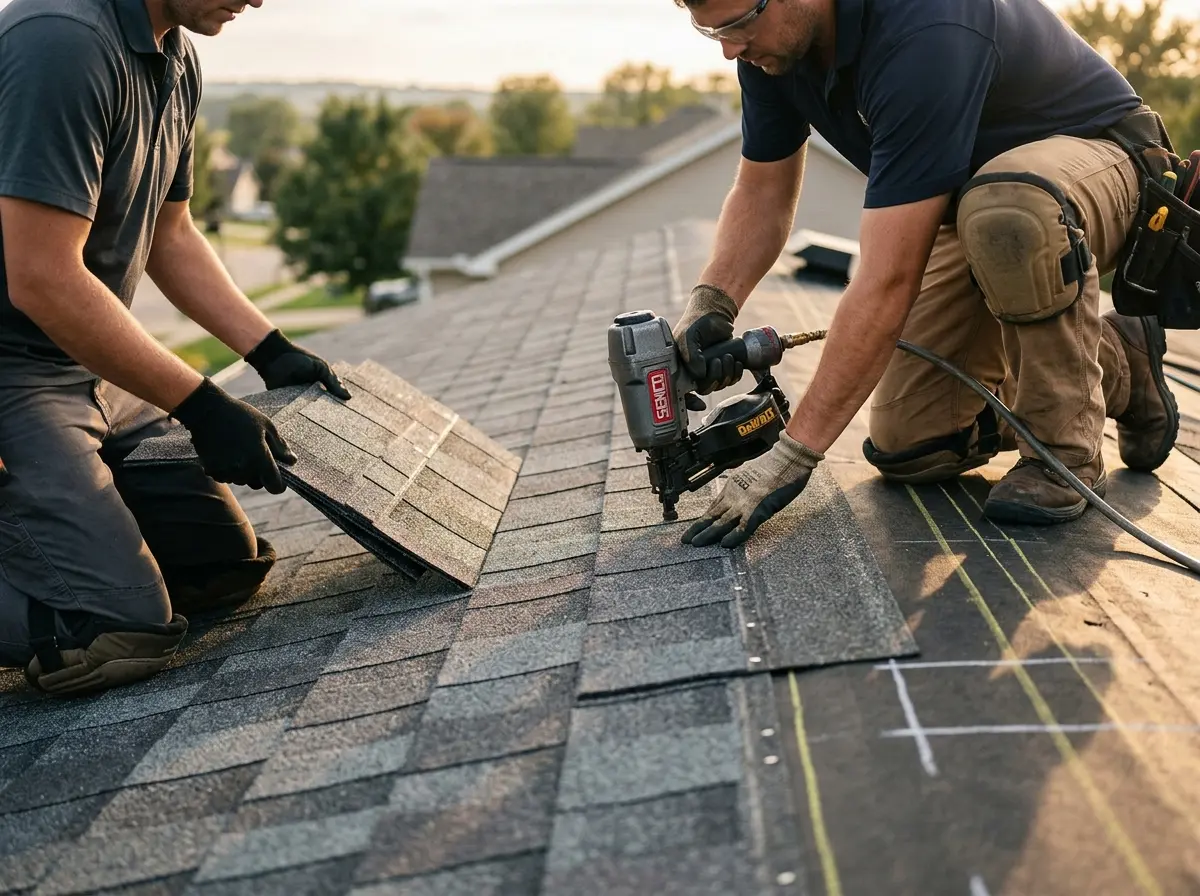 Professional roofer working on a residential roof in Burr Ridge